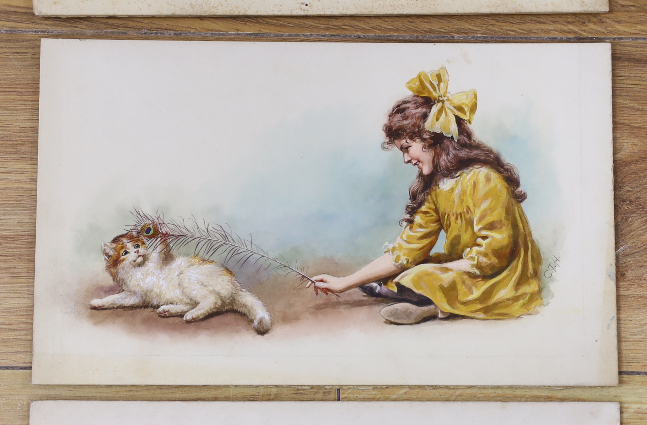 Charles Thomas Howard (1865-1942) three original watercolours for postcard designs, Children with dogs and cats, two signed, unframed, 19 x 27cm